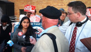 Sarena helps rally the crowd before MCYD testifies in support of Rapid Transit at a County Council Hearing (September 2013)